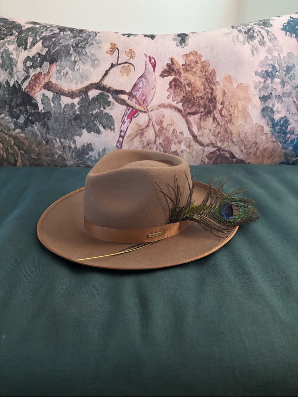 GIGI PIP Brown Felt Fedora with Peacock Feather Trim